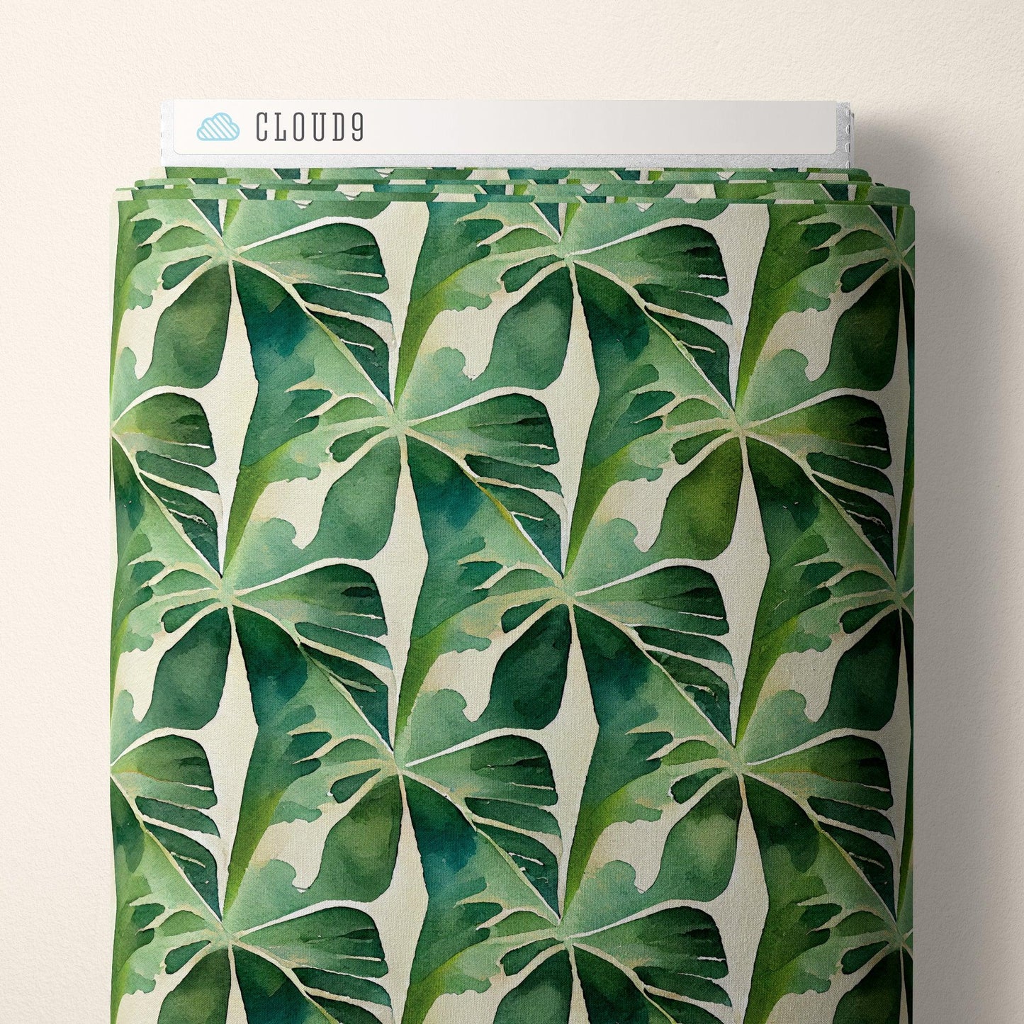 Monstera leaf print organic cotton fabric, green and cream botanical pattern