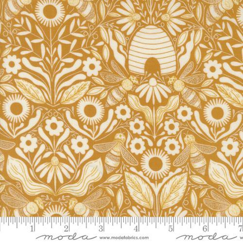 Gold and cream floral and beehive fabric print with bees and flowers