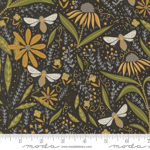 Metallic black floral and bee quilting fabric with gold and sage accents
