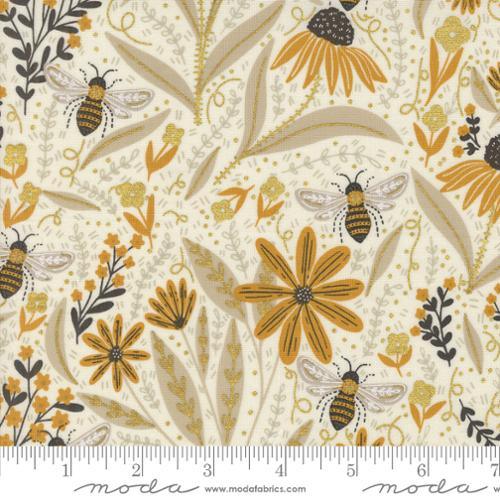 Cream floral fabric with metallic-gold bees, butterflies, and leaf motifs