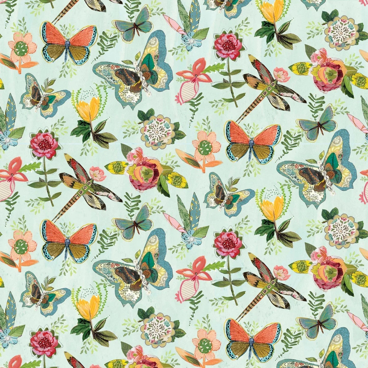 Floral and butterfly cotton fabric with turquoise blue insects, orange flowers, and green leaves