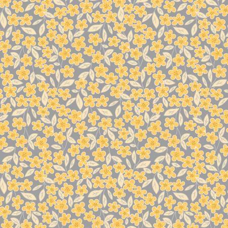 Gray fabric with yellow floral and small bird/bee motifs, repeating pattern