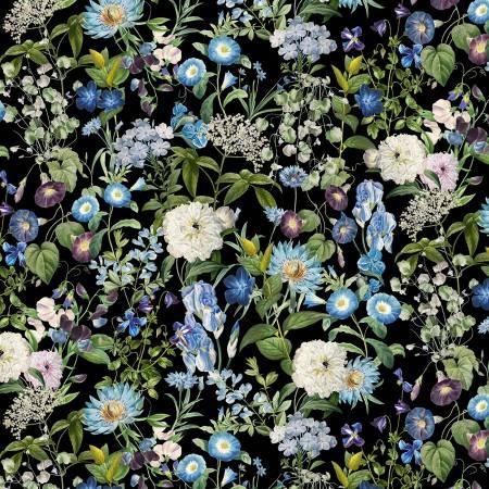 Botanical garden floral fabric with blue, cream, and purple blooms on dark ground