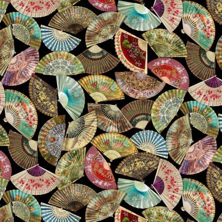 Fan-pattern quilting fabric with multicolor folded-paper fan motifs on dark background