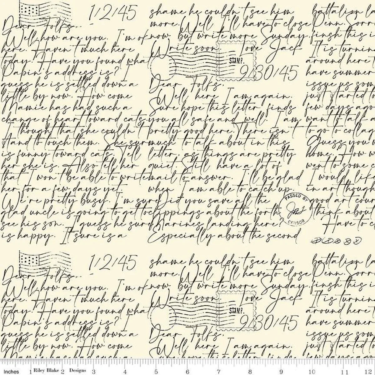 Parchment cotton fabric with dense cursive text and scribble print, art journal style