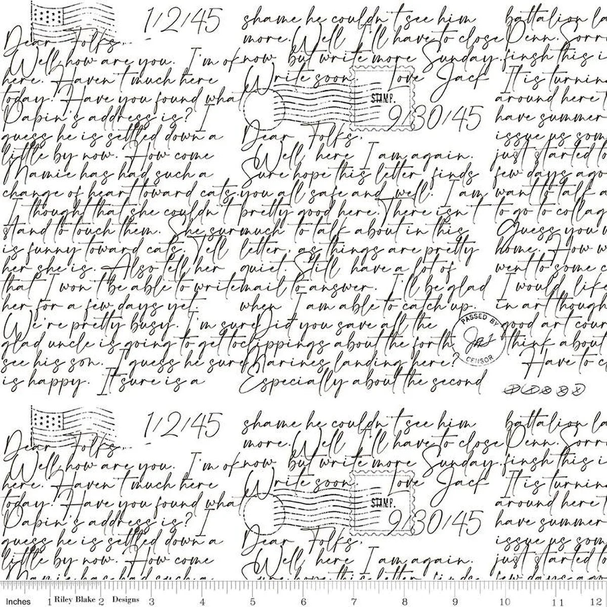 White cotton fabric with black handwritten text pattern, border and heart shapes