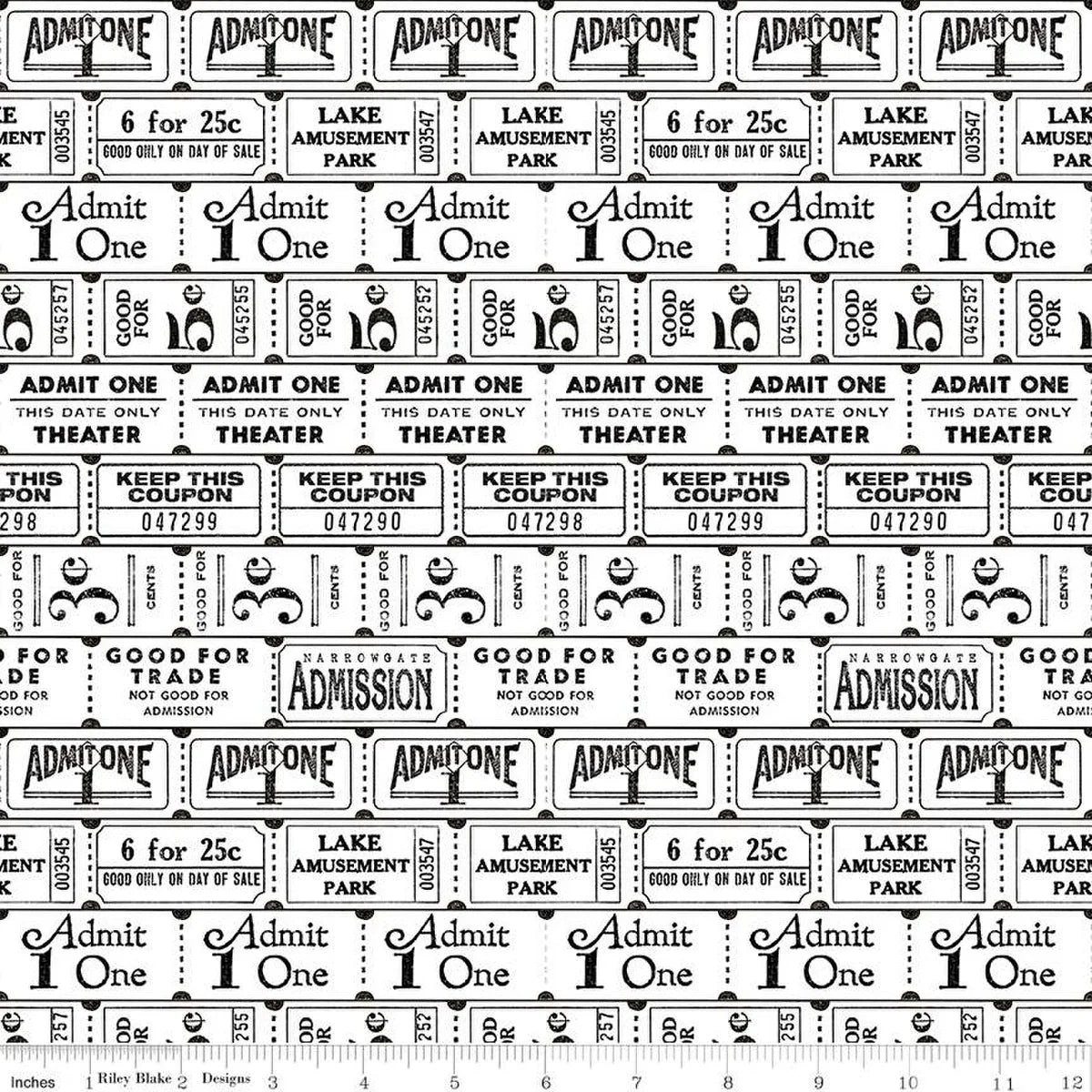 White ticket-print fabric roll with rows of admission and amusement park text
