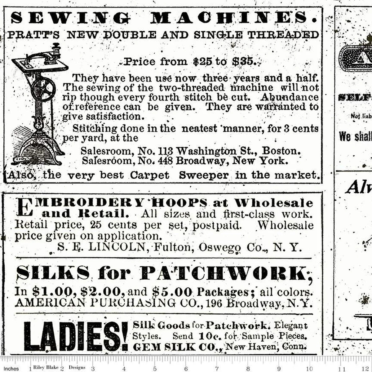 White cotton fabric with vintage sewing advertisement print, text and drawings