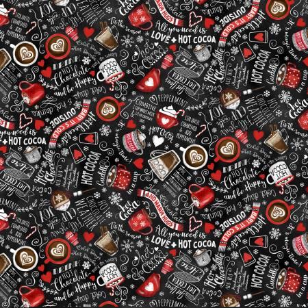 Black winter drinks fabric with hot cocoa cups, candy canes, and hearts.