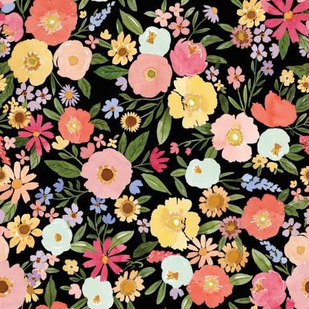 Flora No. 6 quilting fabric with black base and multicolor floral print