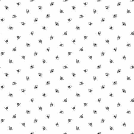 White cotton fabric with scattered black bees print