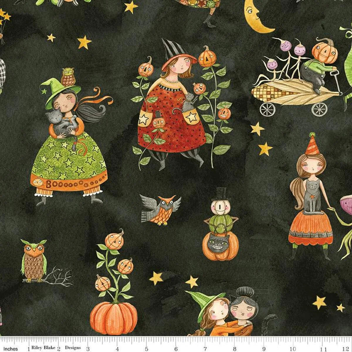 Halloween character print fabric on dark background with pumpkins, owls, and stars