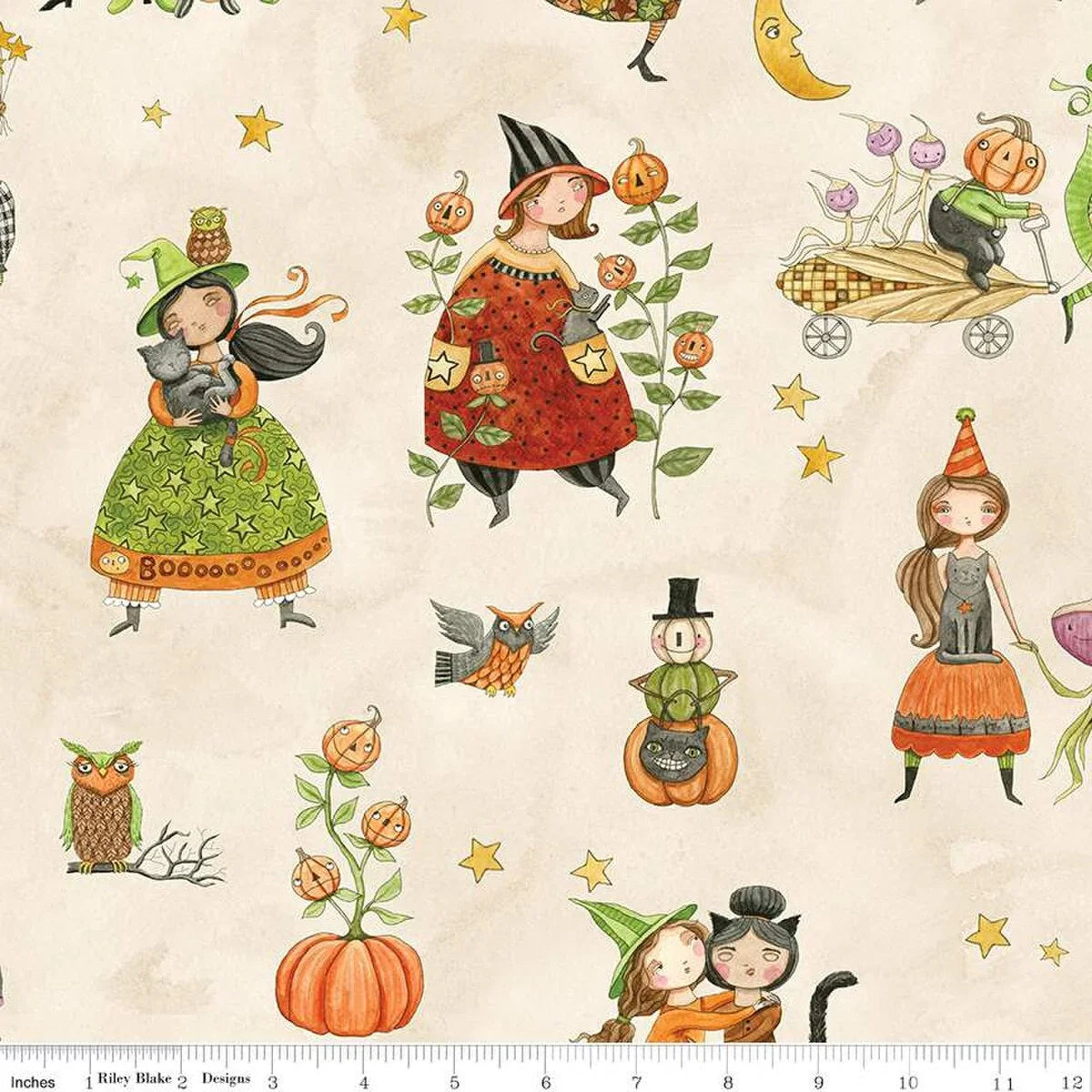 Cream Halloween character fabric with ghoul friends, pumpkins, and stars