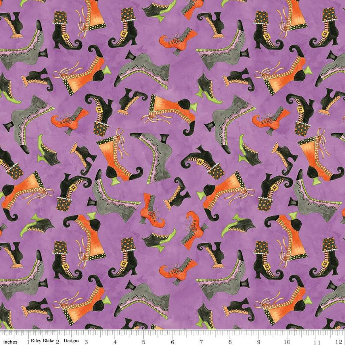 Purple Halloween fabric with colorful cat and boot pattern, quilting cotton