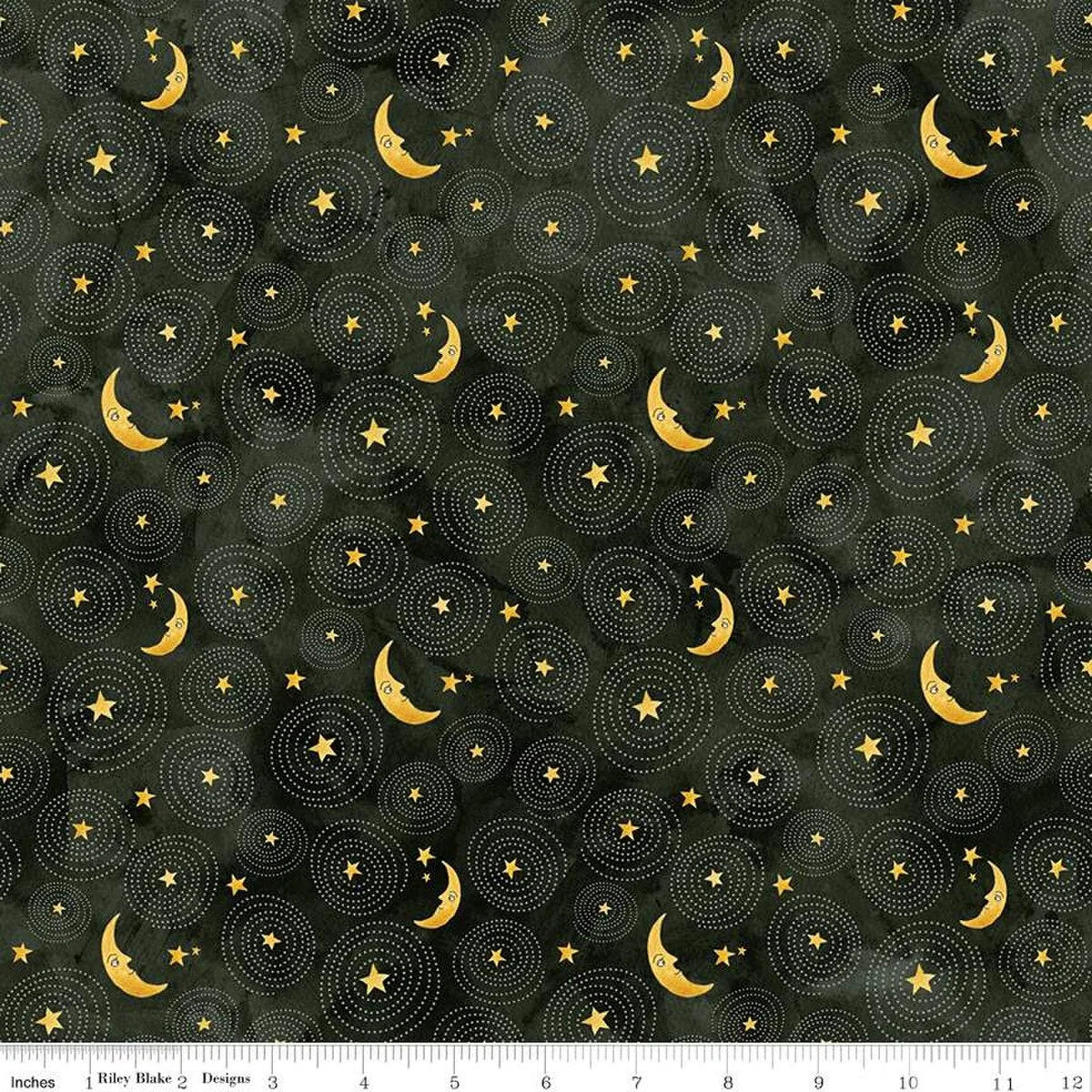 Black cotton fabric with yellow moons and stars in repeating dotted circle pattern