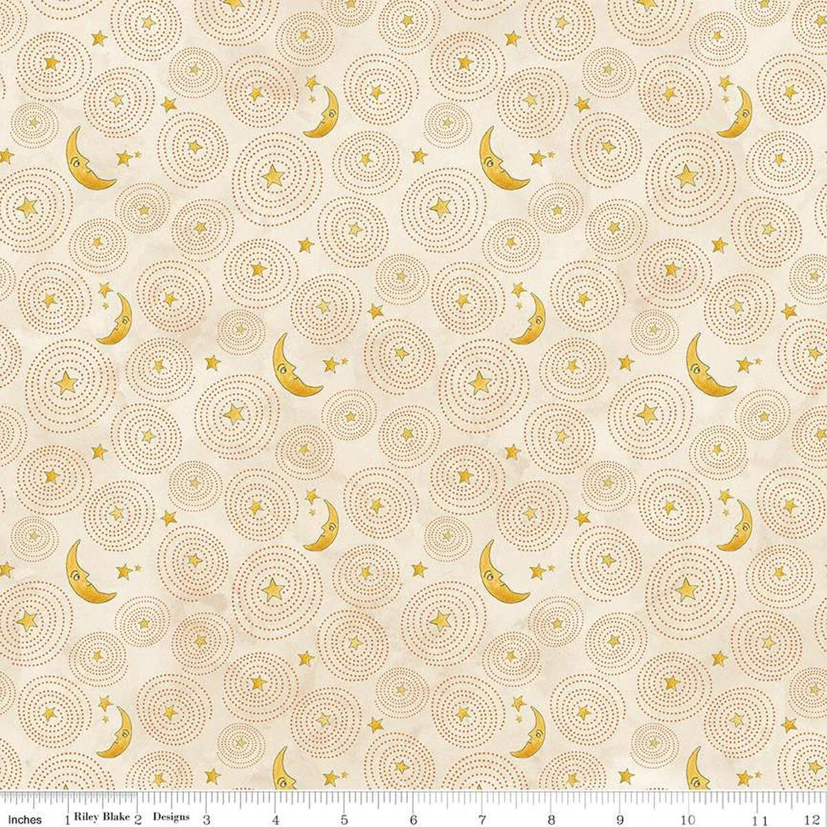 Cream cotton fabric with repeating yellow stars and crescent moons pattern