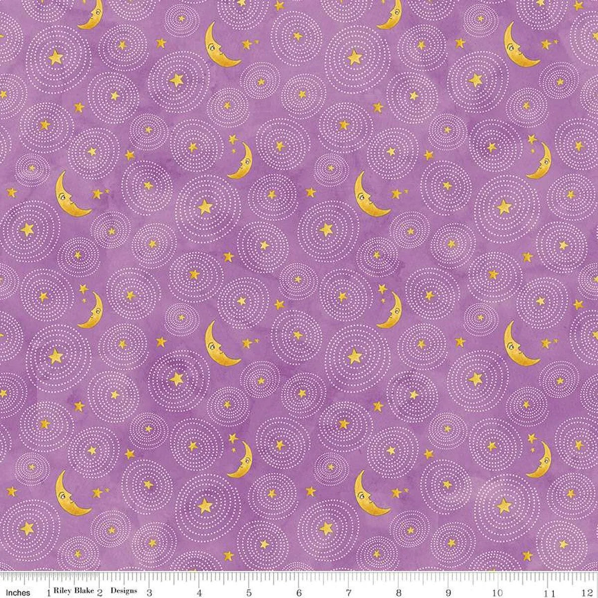 Purple moon and star fabric with small circular dot accents