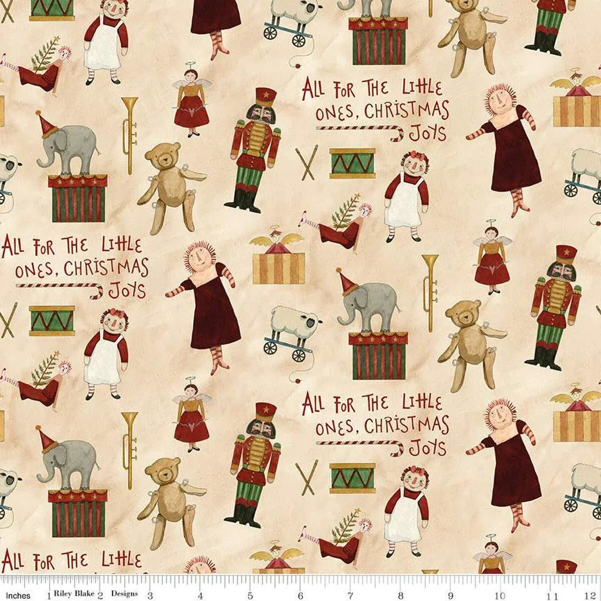 Beige Christmas print fabric with toy soldiers and nutcracker-style figures