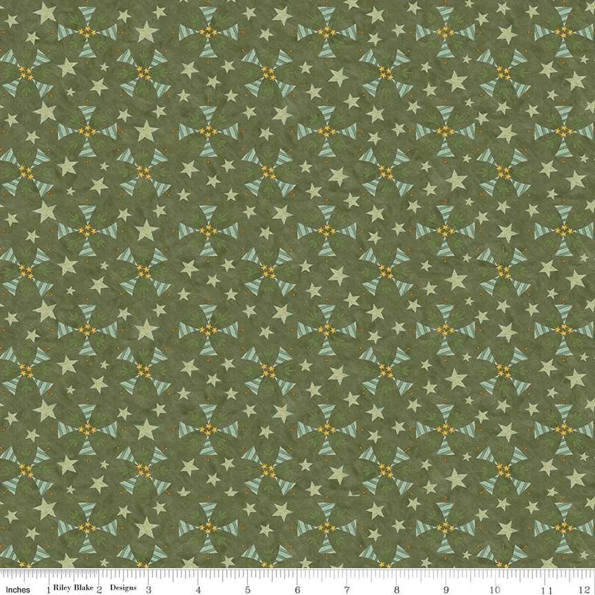 Green fabric with repeating tree and star pattern with gold accents