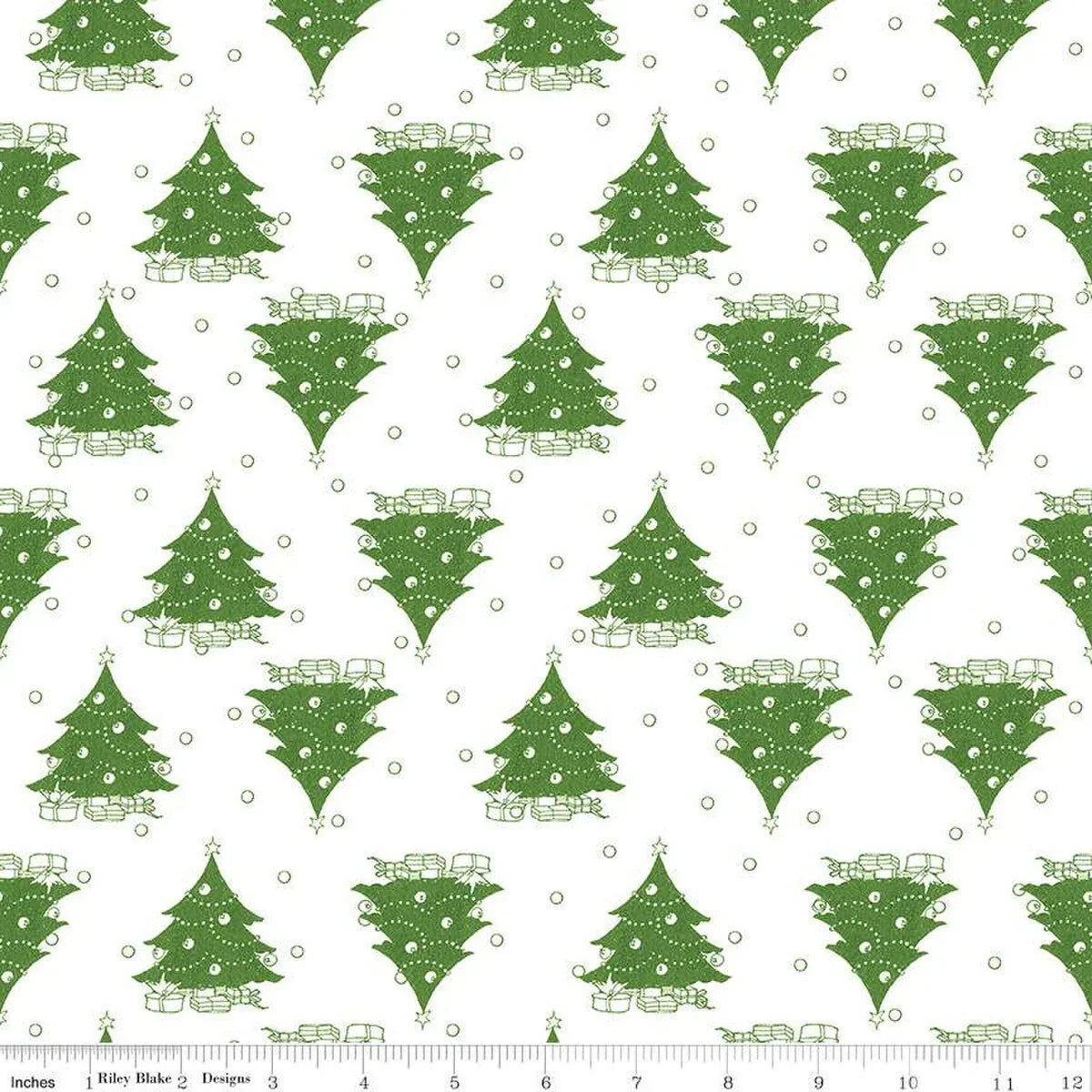 Christmas tree fabric with green trees, ornaments, and gifts on white
