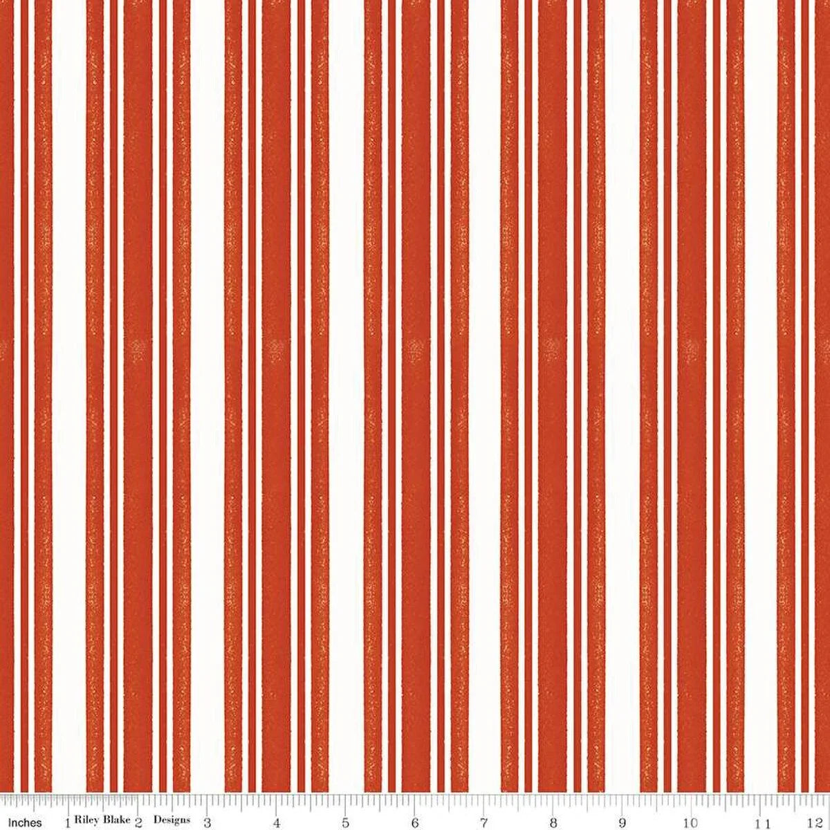 Red and white vertical stripe fabric with small speckled texture