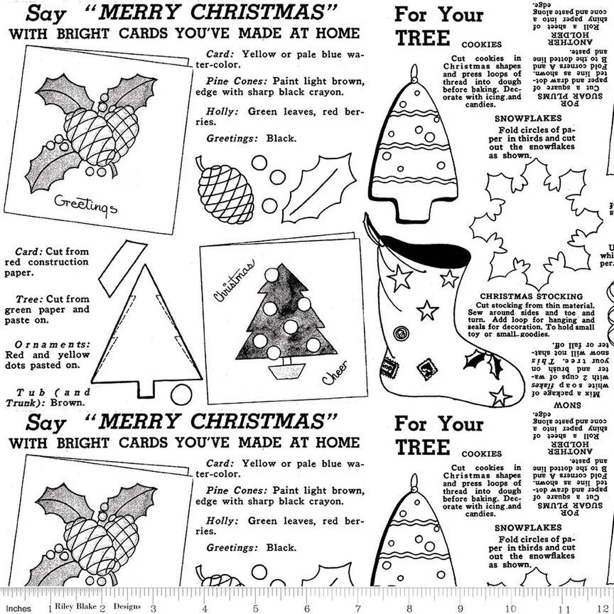 Christmas craft pattern sheet with card, tree, and stocking templates