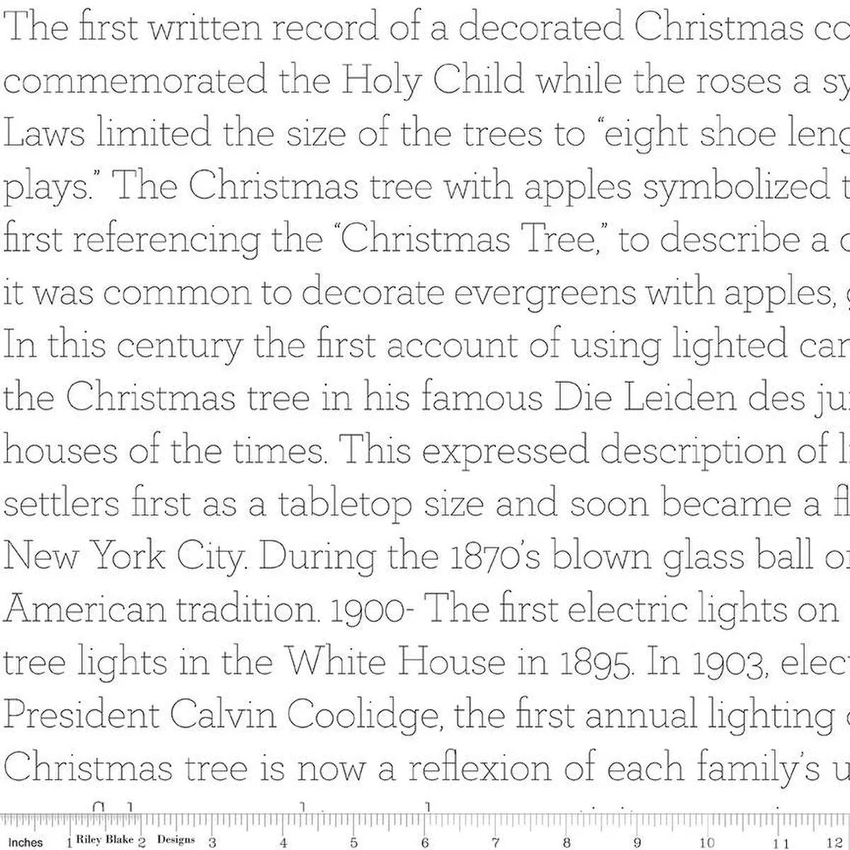 White fabric panel with dense dark printed Christmas history text