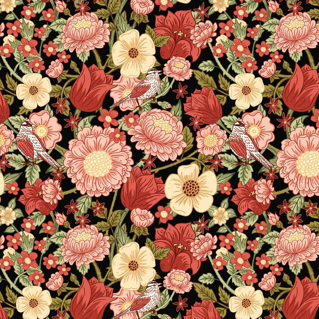 Black floral fabric with red and pink flowers and small bird prints