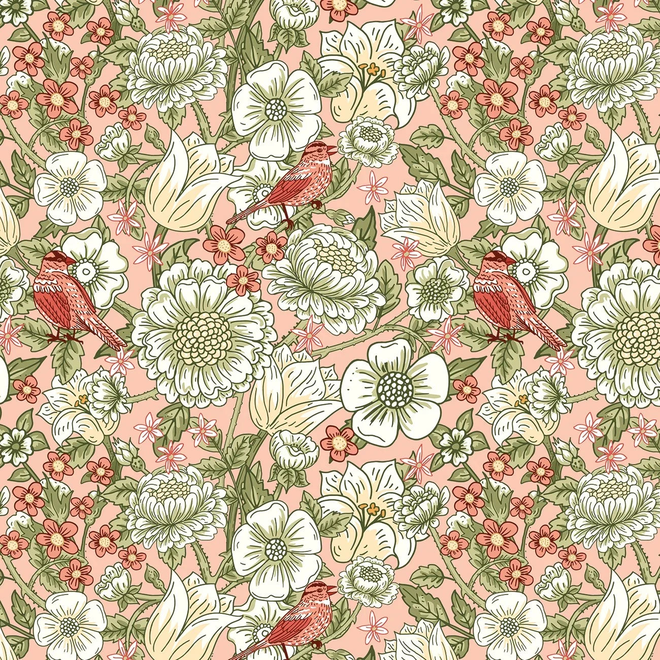 Floral quilting fabric with blush pink background, white and coral flowers, and bird motifs