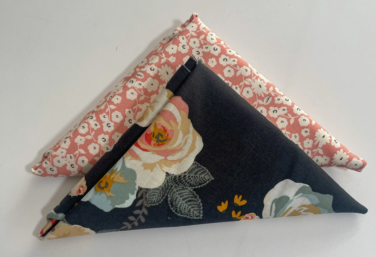 Cotton table runner with pink border and navy woodland animal print