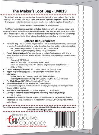 Loot bag sewing pattern with printed instructions and measurements, CALM019