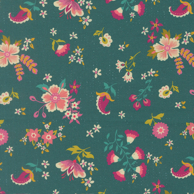 Dark teal floral fabric with small birds and pink, yellow, and white blooms