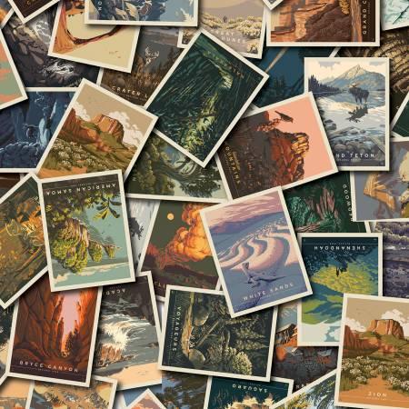 Mixed national parks postcard-style fabric squares with scenic landscapes