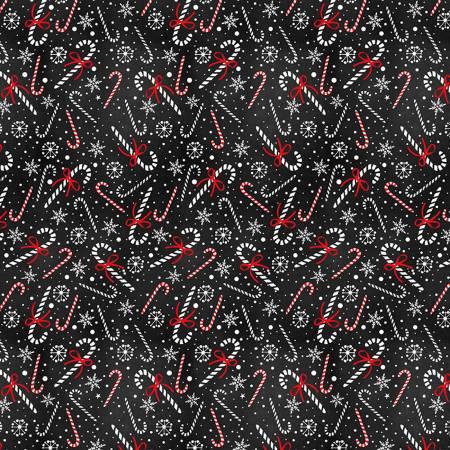 Black Christmas fabric with red candy canes and snowflakes with bows