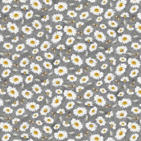 Slate gray cotton fabric with tossed daisies and bees print