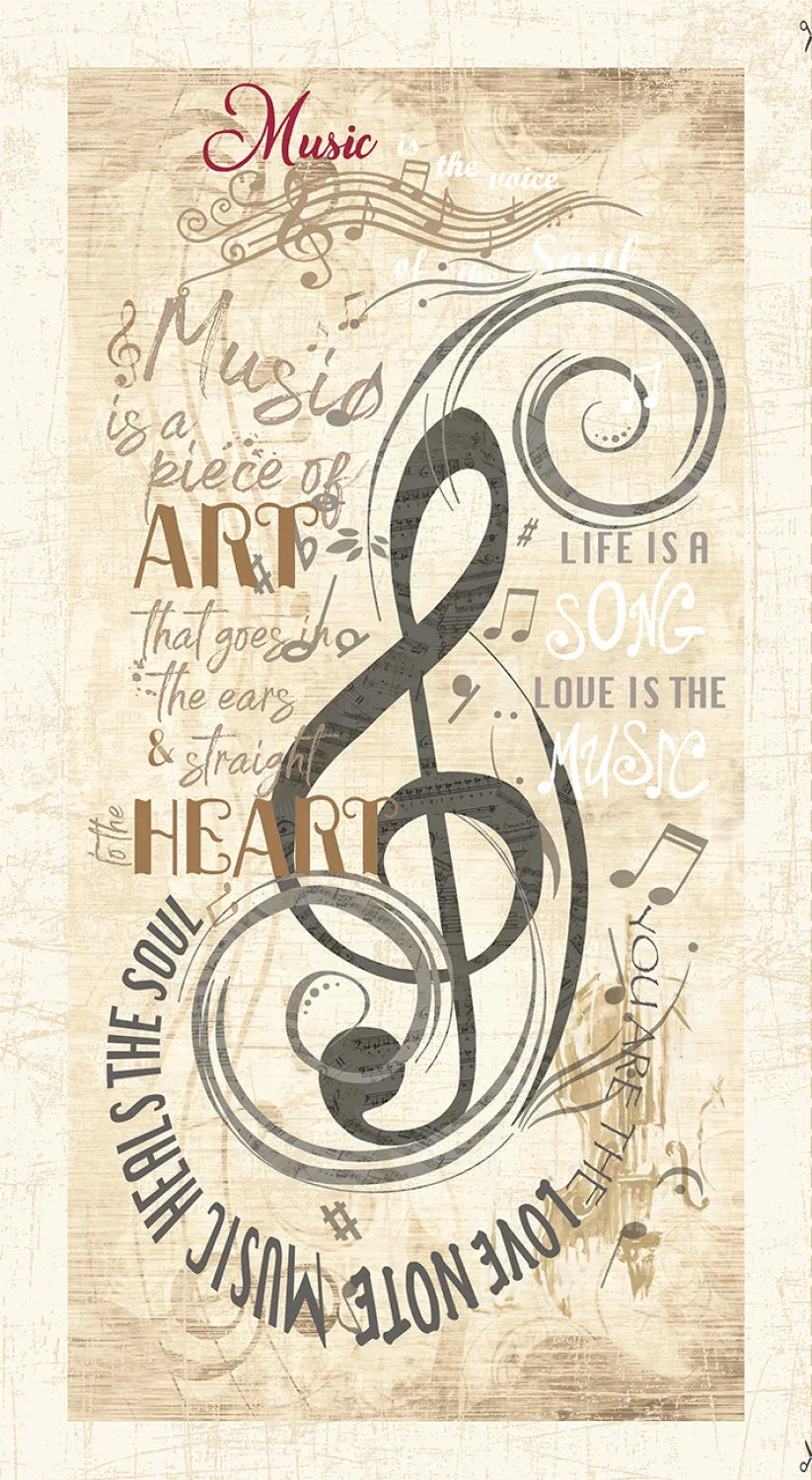 Beige music notes panel with black treble clef and musical script