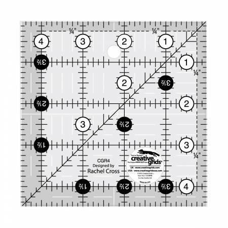 4-1/2 in quilt ruler square with grid markings and measurement numbers