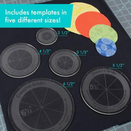 Quilt circle ruler discs set with five size guides, labeled 2 1/2 to 6 1/2 in