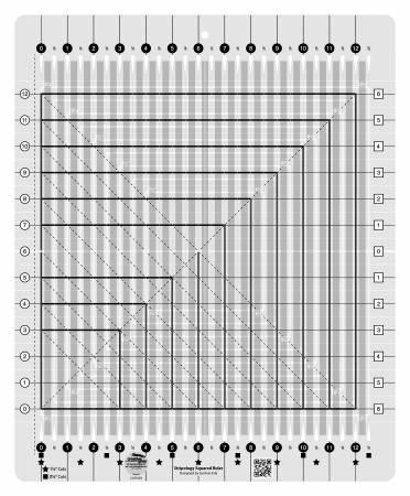 Stripology quilt ruler with grid markings and diagonal guide lines, squared edge