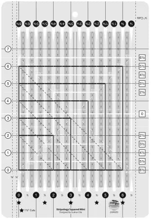 Stripology Mini quilting ruler layout diagram with numbered grid lines