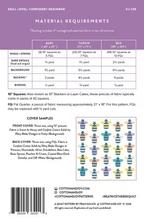 Bee quilt pattern instructions with fabric requirements, cutting chart, and cover samples
