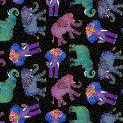 Black metallic elephant fabric with colorful standing elephants and floral accents