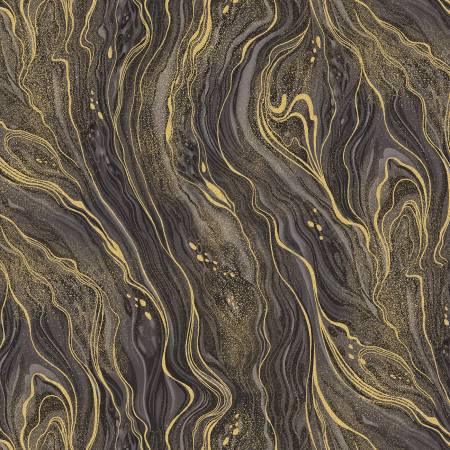 Abstract marbling fabric with dark gray and silver-gold swirl lines