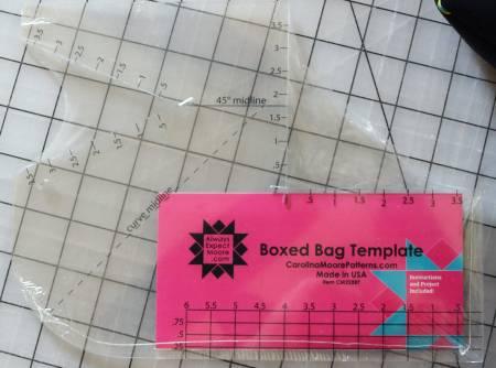 Boxed bag template sheet in pink packaging with measurement grid and logo
