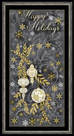 Grey holiday fabric panel with Happy Holidays text, gold and silver ornaments