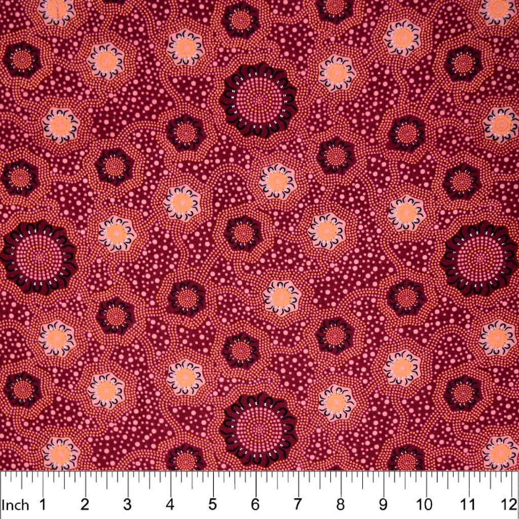 Magenta floral patterned fabric with orange and dark navy circular caning motifs.