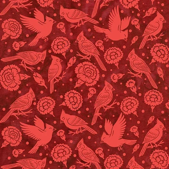 Red bird and flower print fabric with cardinals and carnations