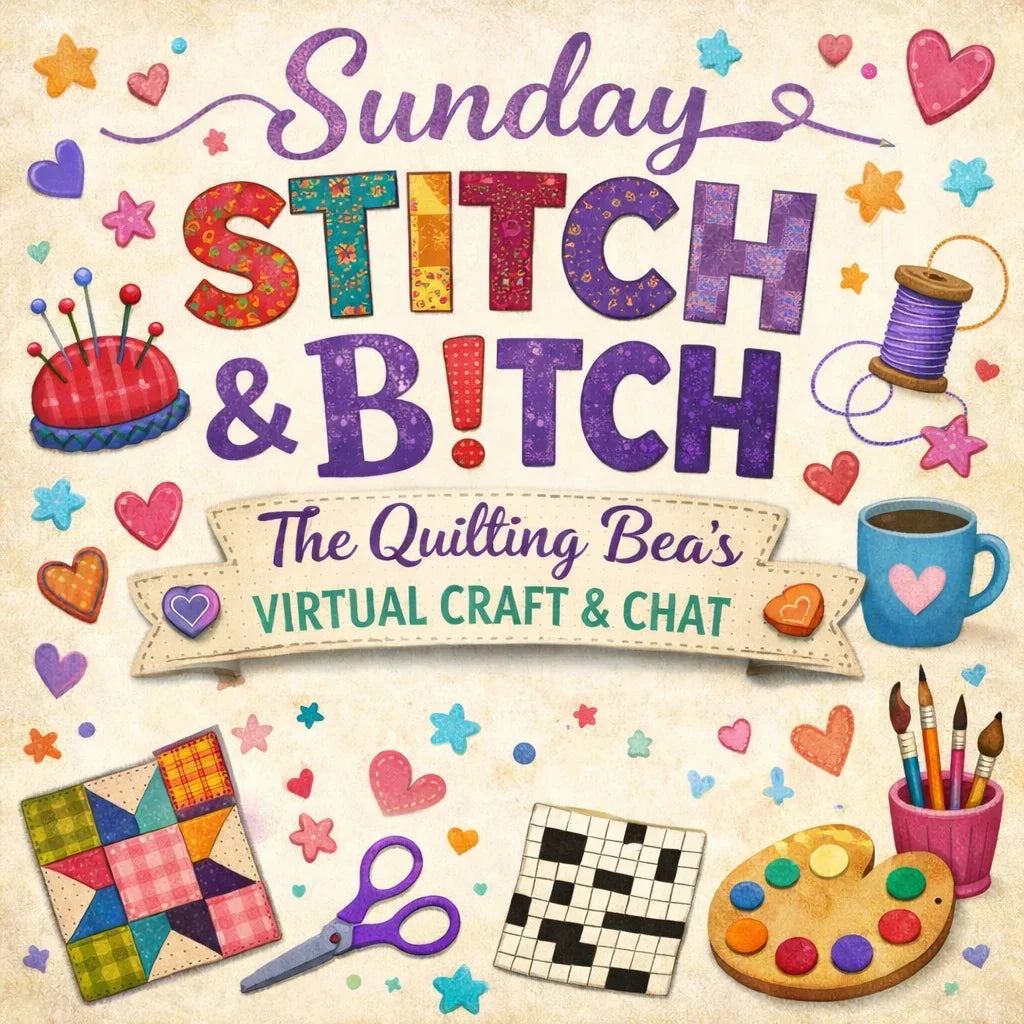 Craft and chat session poster with “Sunday Stitch & B!tch” text and sewing icons