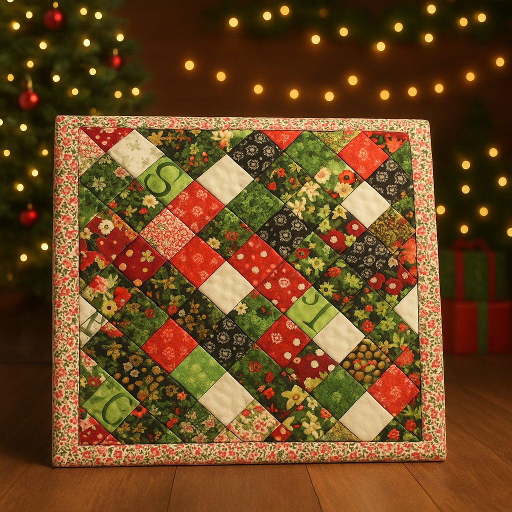 Christmas patchwork quilt with red, green, white squares and floral blocks, on display
