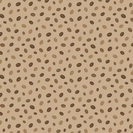 Coffee bean toss print fabric with small brown bean shapes on tan background